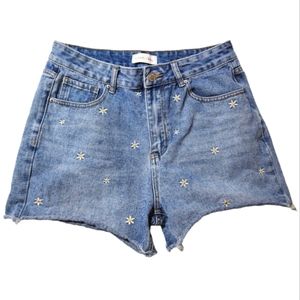 KHAKI & BLUE Denim Daisy Embroidered Shorts.